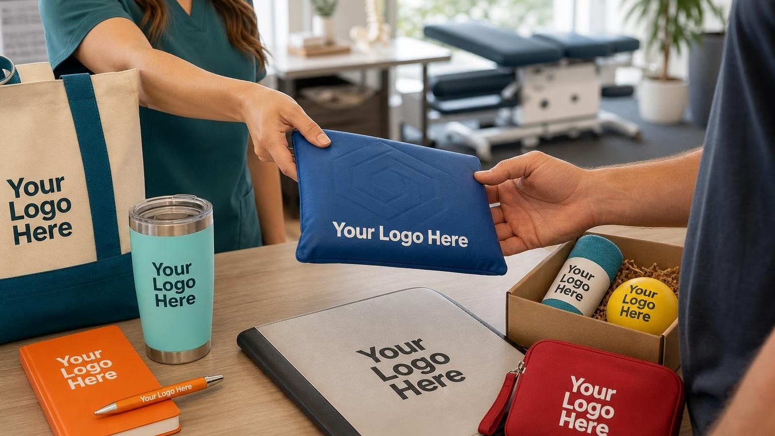 A custom reusable gel ice pack resting on a chiropractic clinic front desk counter next to a patient folder, with an adjustment table softly blurred in the background.