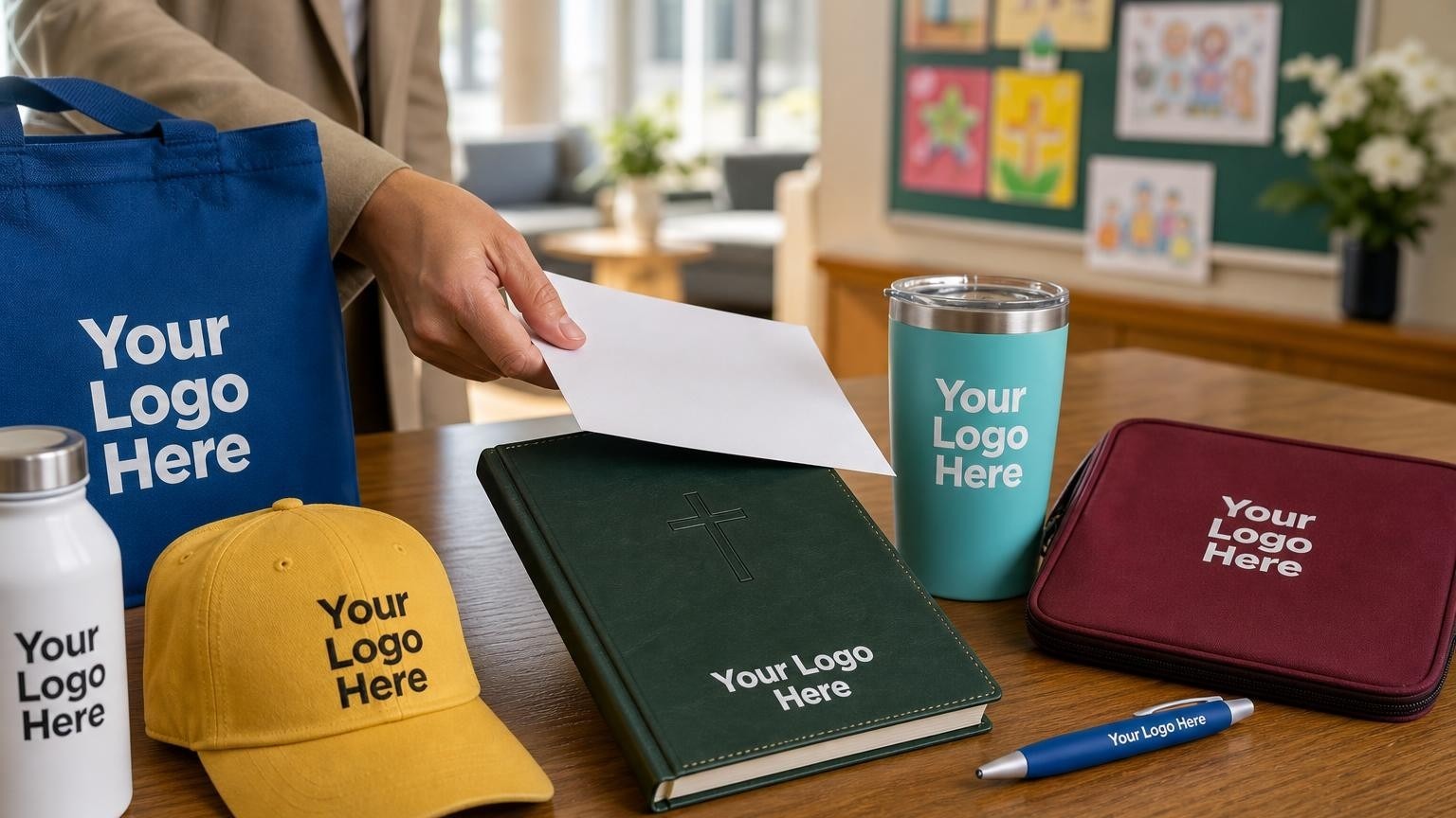 A beautifully debossed faux-leather devotional journal and ceramic travel mug on an admissions office conference table, representing a warm welcome for new families.