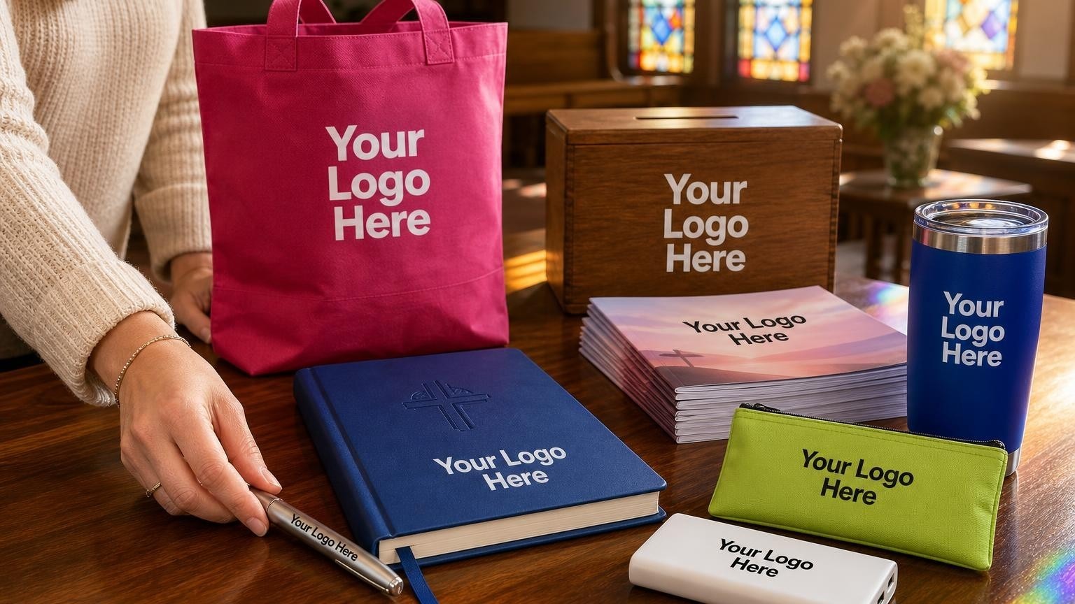 A custom debossed church journal and sleek metal pen resting on a wooden table in a church lobby with stained glass light in the background.