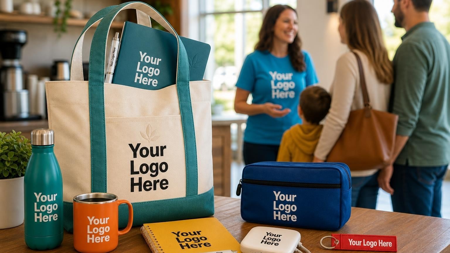 A custom church welcome tote bag resting on a lobby hospitality counter with a soft-touch pen and welcome folder inside.
