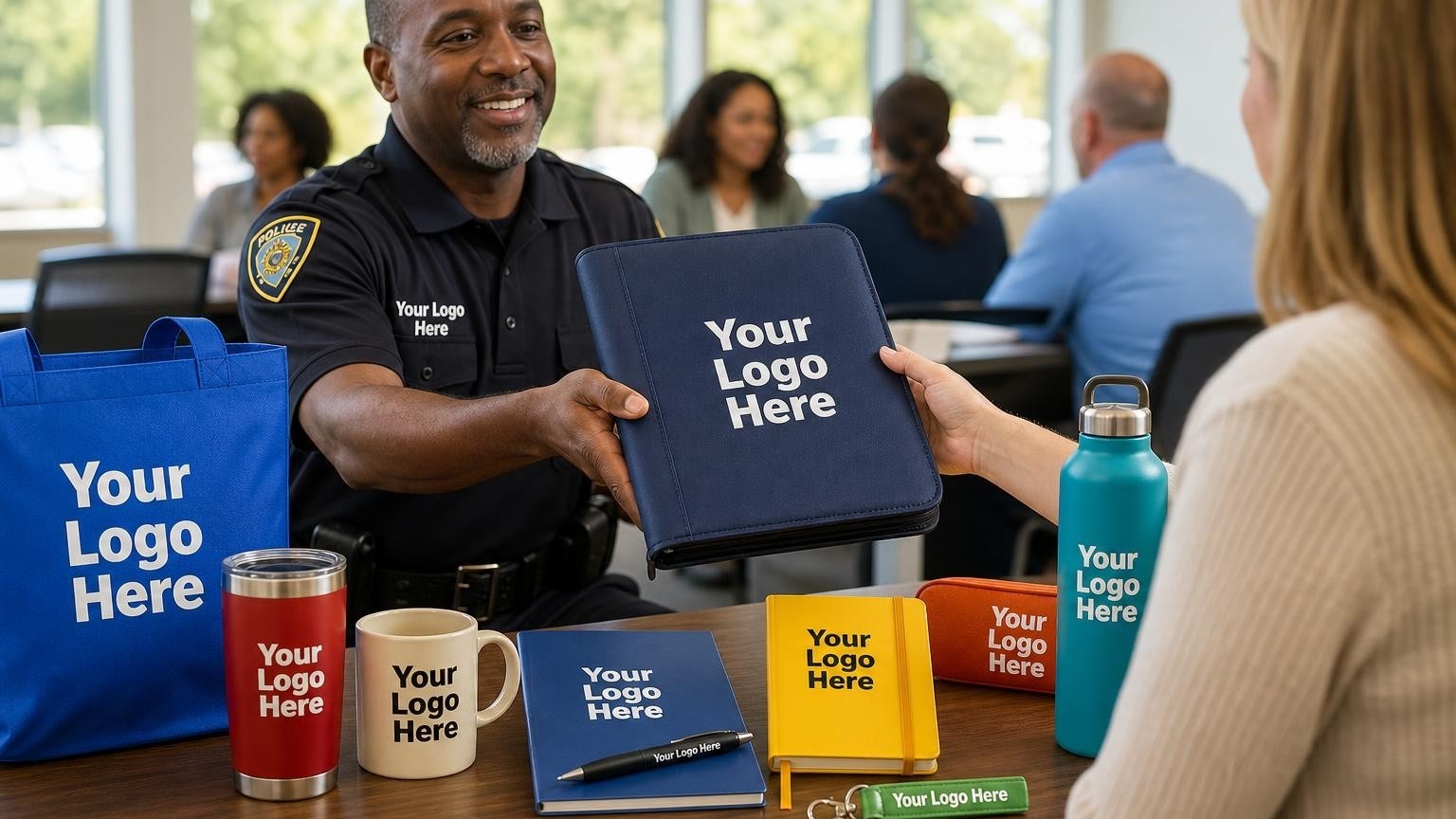 A custom navy blue zippered padfolio and metal pen being handed to a citizen academy participant in a precinct community room.