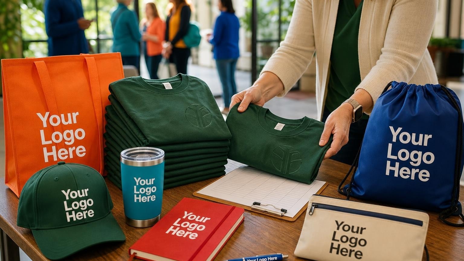 Custom volunteer shirts and a structured cap arranged on a wooden registration table inside a community center lobby during a civic club event.