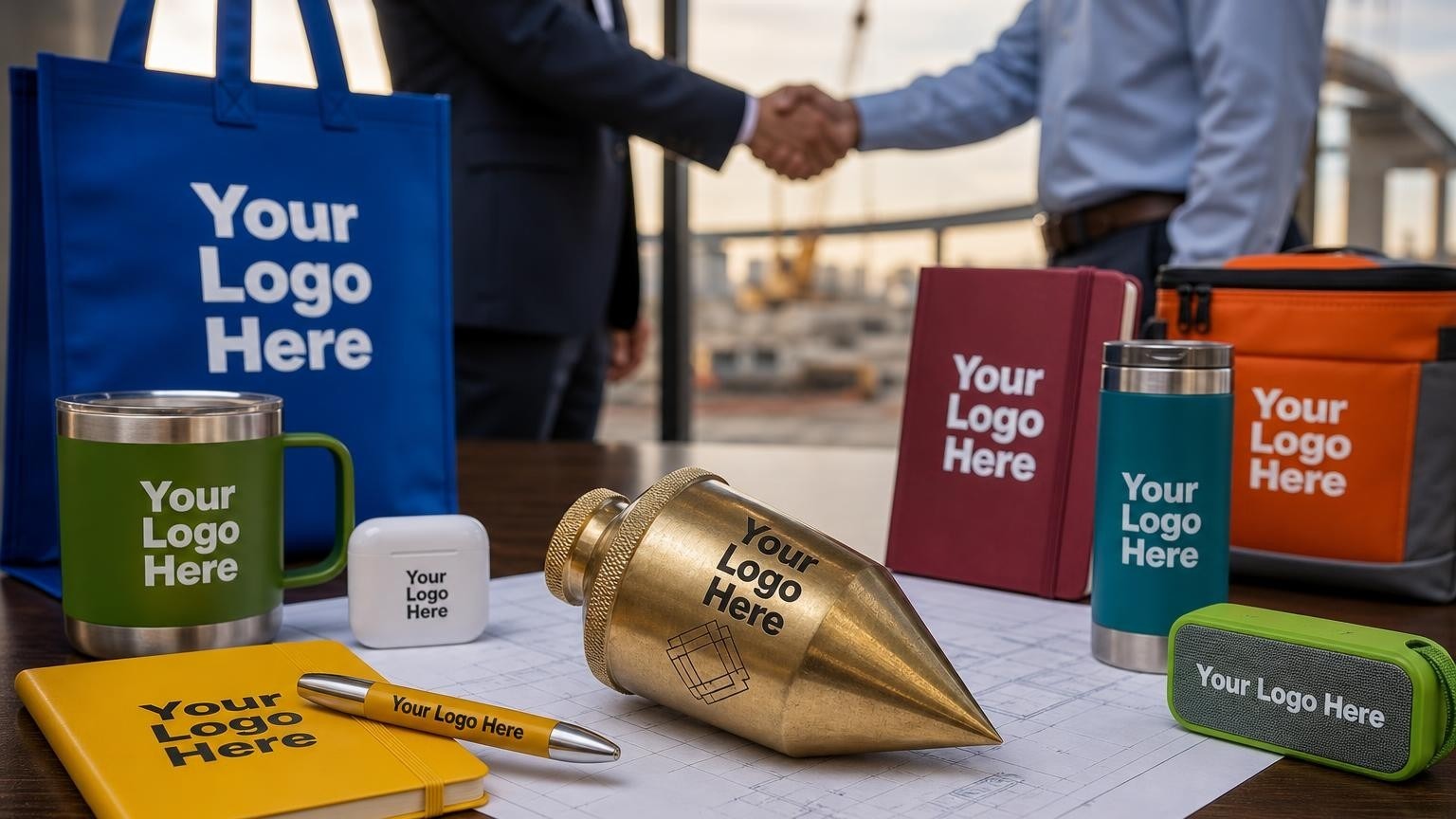A custom-engraved brass plumb bob on a blueprint sheet during a municipal project groundbreaking meeting.