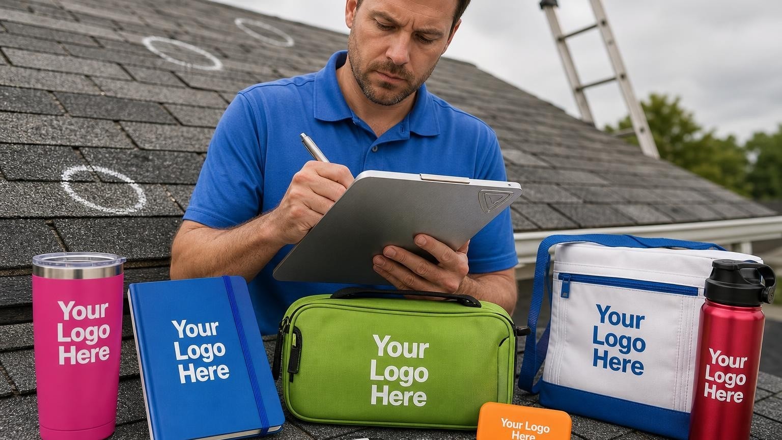 A claims adjuster writing on a heavy-duty aluminum clipboard on a hail-damaged roof.