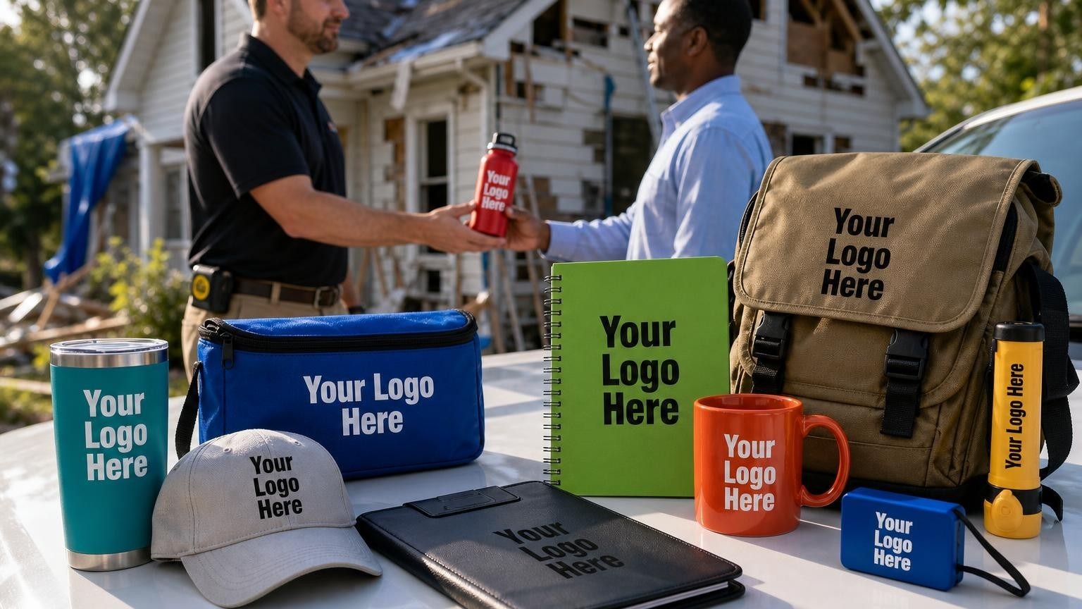A custom branded clipboard on a utility truck at a restoration site with a contractor and adjuster in the background.