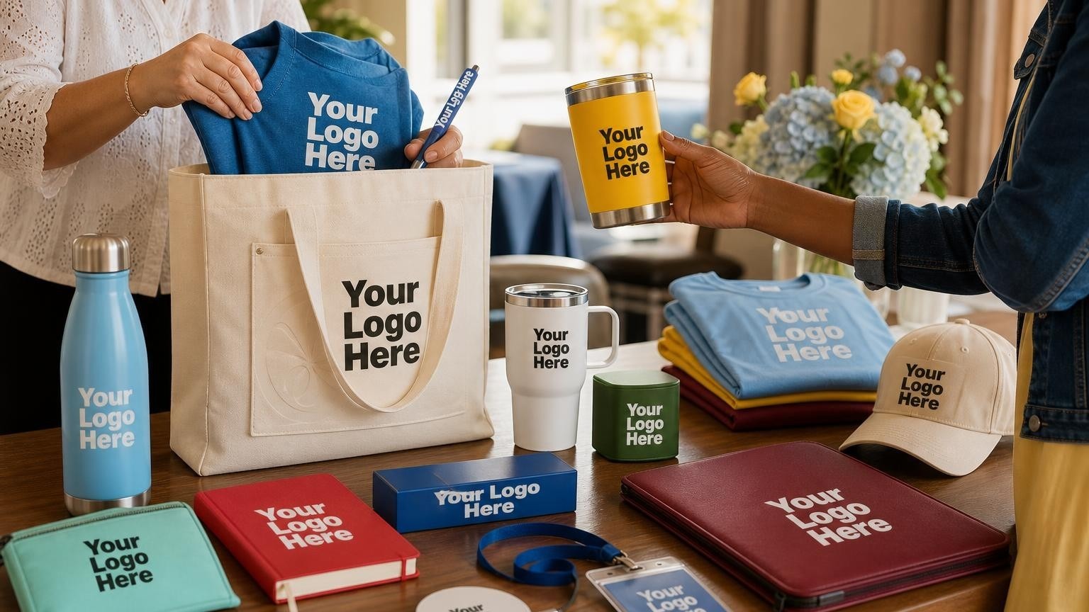 A custom welcome tote bag being packed with a t-shirt and pen at a class reunion registration desk.
