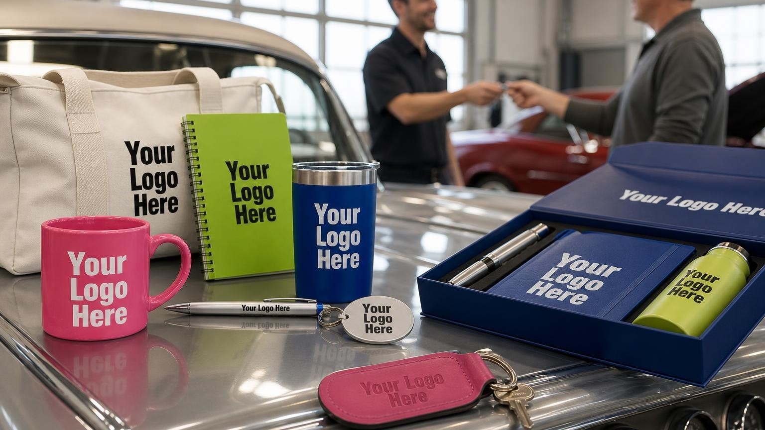 A custom leather key fob resting on the polished dashboard of a restored classic car inside a clean restoration shop bay.