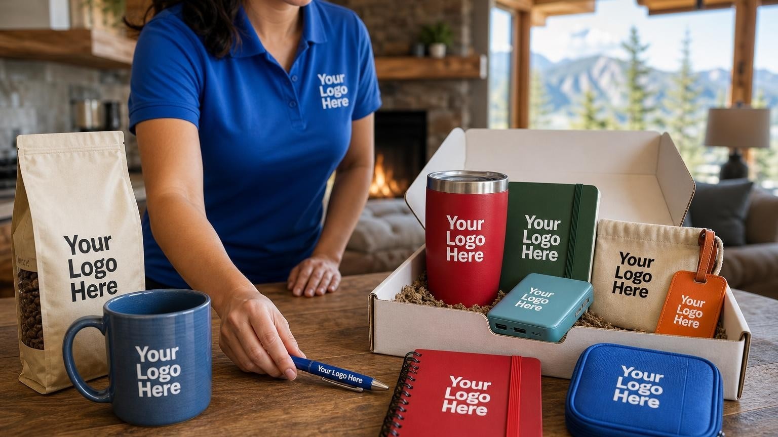 A custom ceramic coffee mug and pen placed neatly on a kitchen counter inside a vacation rental cabin by a professional cleaning crew member.