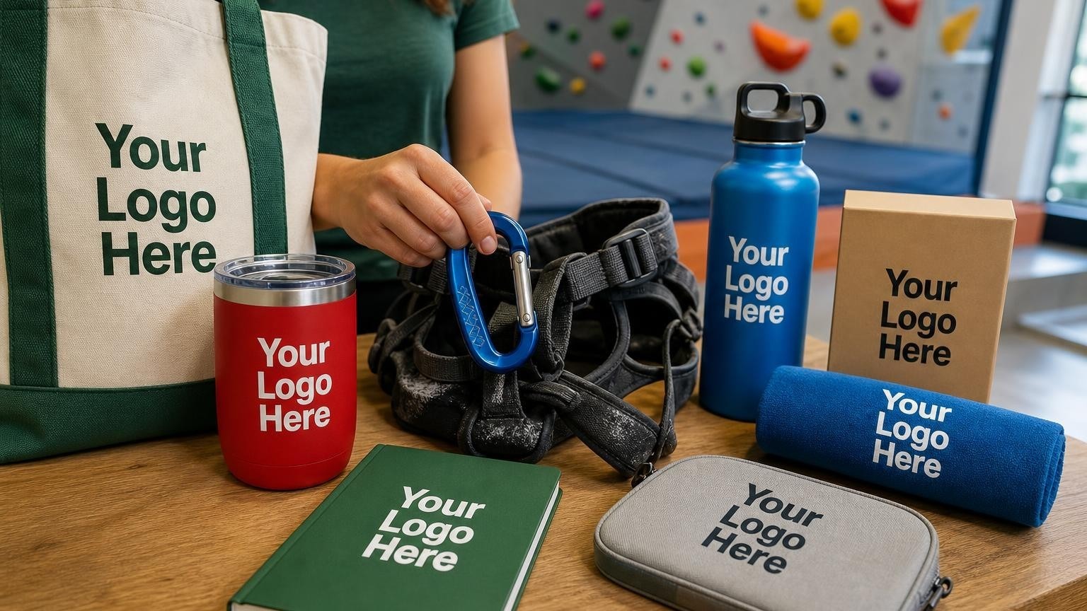 A custom-branded carabiner clipped to a climbing harness in a gym setting.