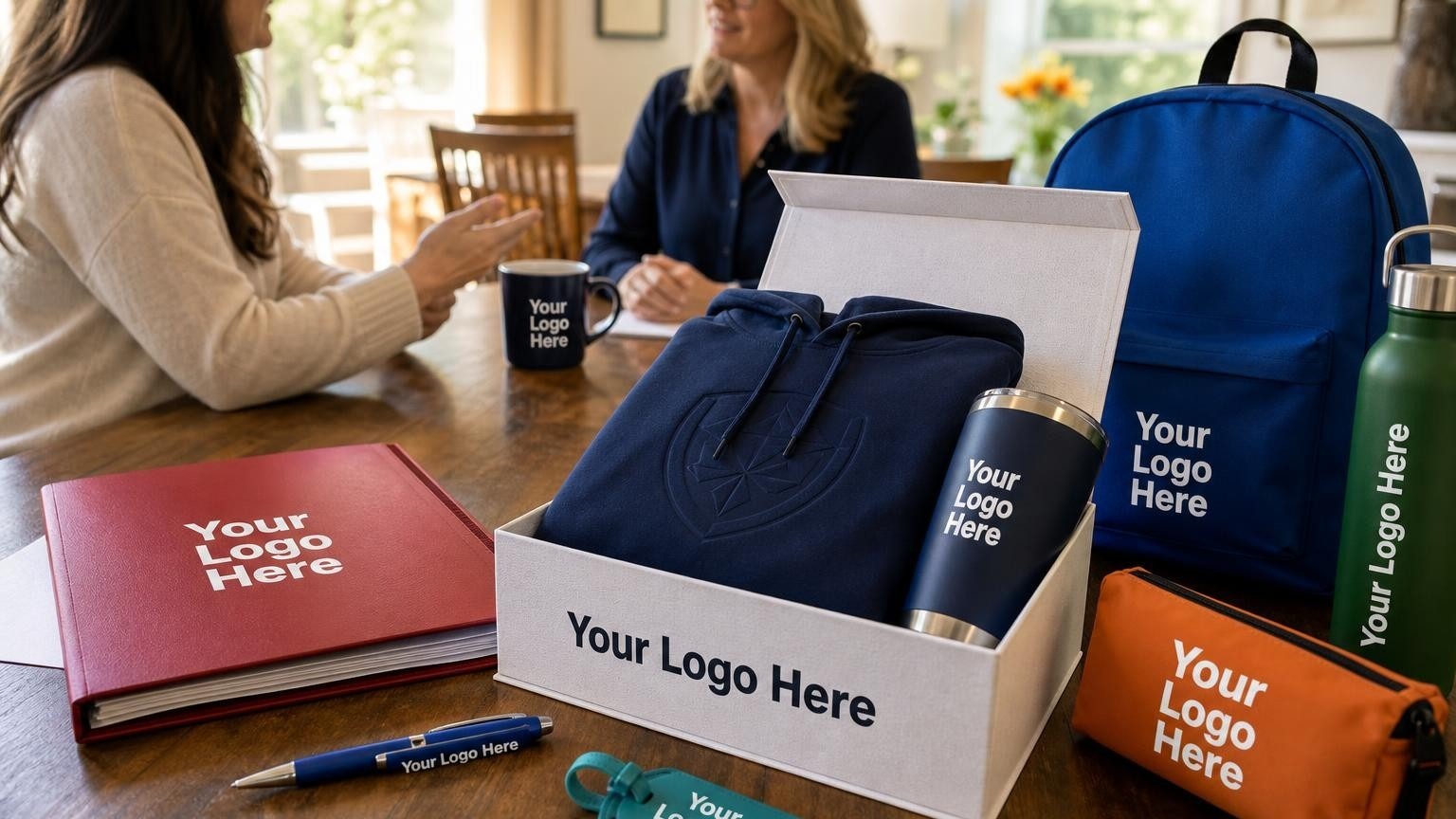 A high-quality custom university hoodie and travel tumbler inside an admitted student welcome box on a kitchen table.