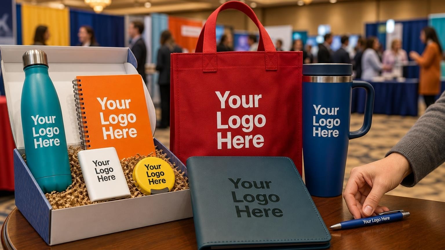A professional black portfolio with a subtle debossed seal on a table before a university career fair.