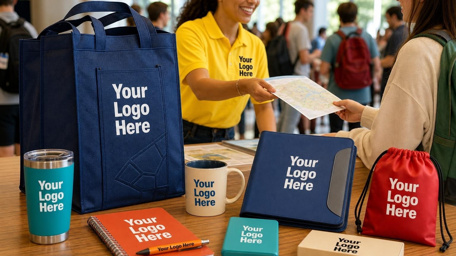 A custom navy tote bag on a registration desk at a busy college fair with a volunteer in a yellow polo shirt.