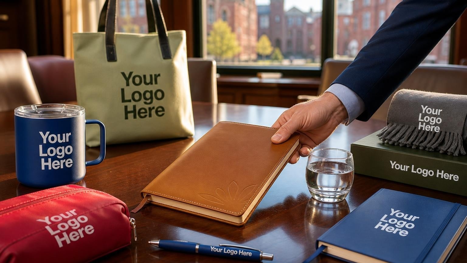 A high-end custom-debossed leather journal being presented on a polished mahogany table in a university boardroom.