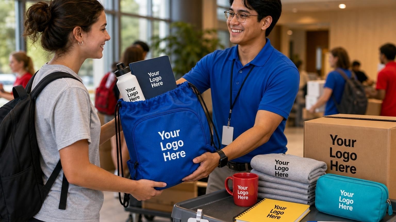 A custom blue drawstring welcome bag being handed to a college student by an orientation leader in a busy residence hall lobby during move-in day.