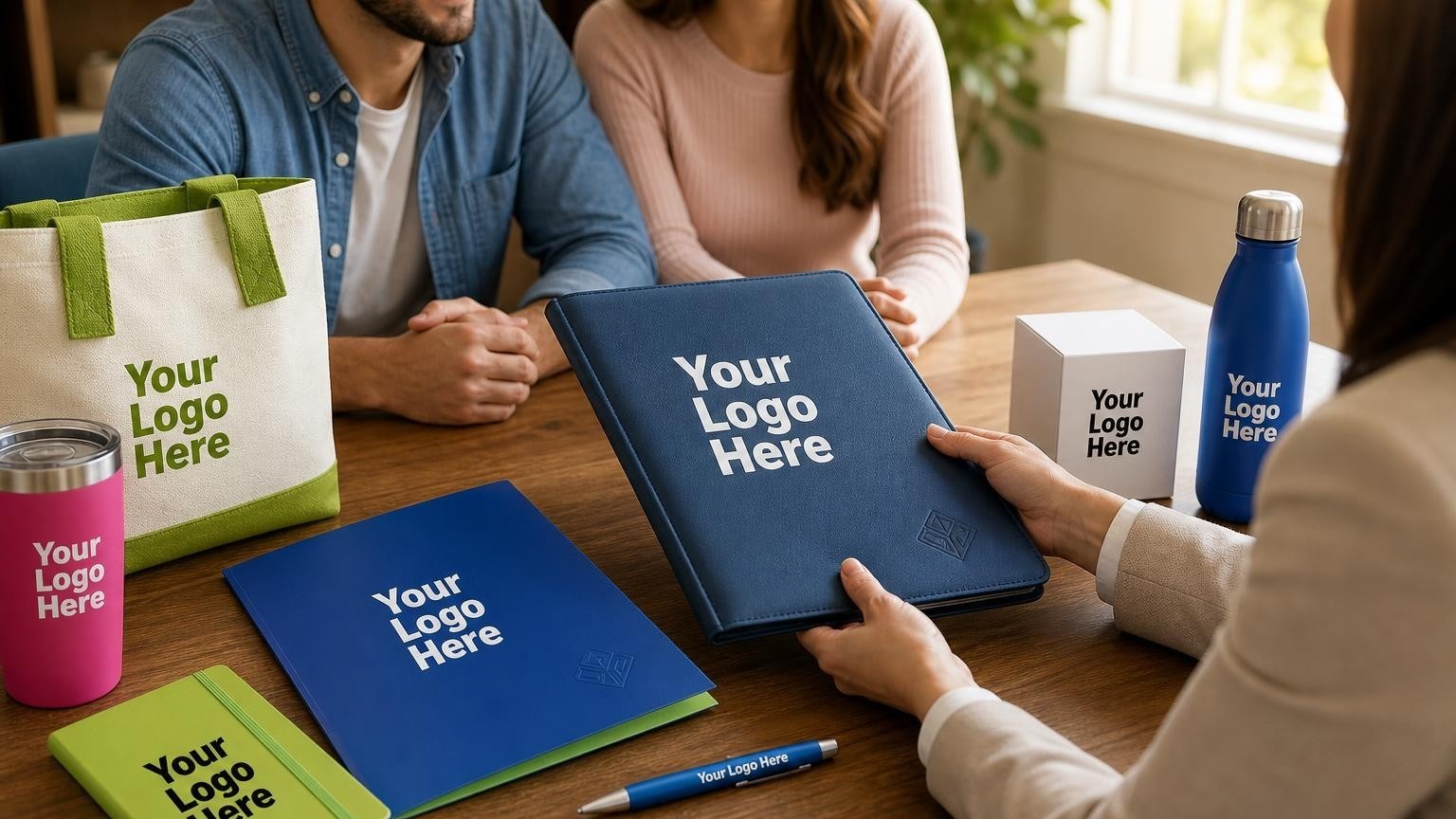 A professional textured portfolio with a subtle debossed mark being handed to clients at a financial planning desk.
