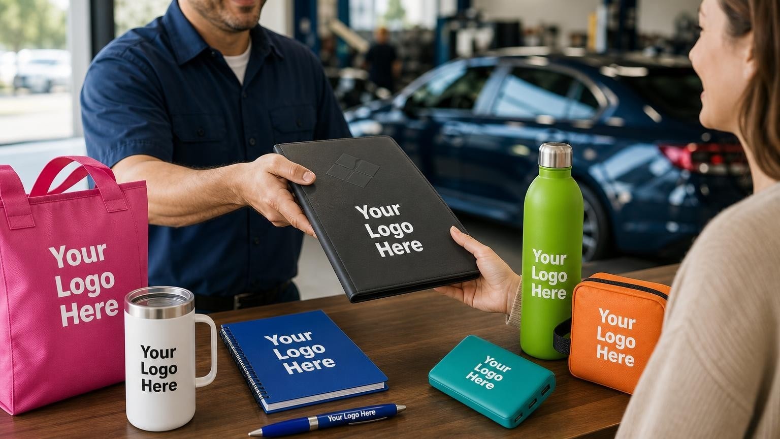 A custom glove box document organizer containing vehicle repair paperwork being handed to a customer at a collision repair center counter.