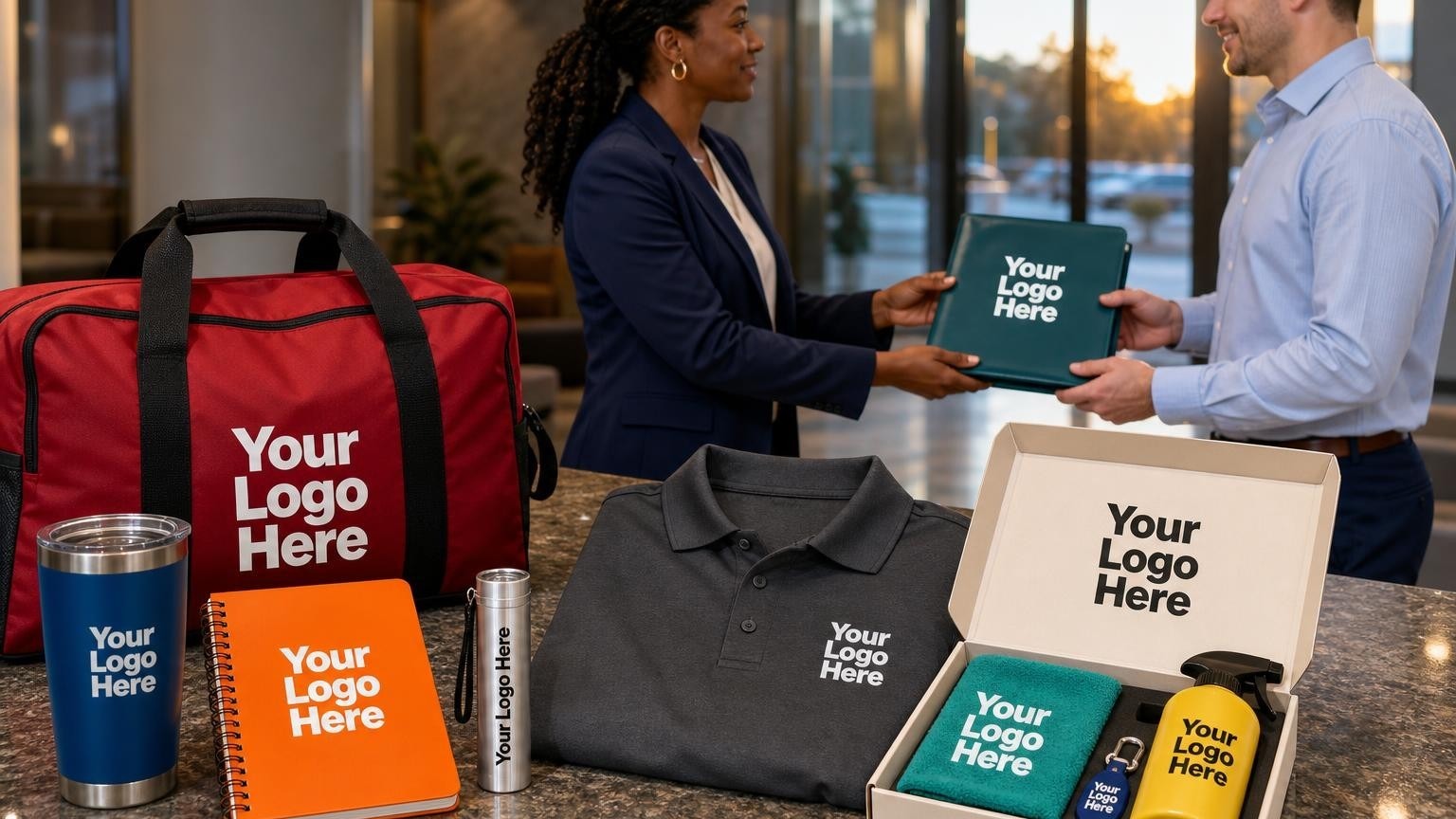 A professional cleaning supervisor hands a custom facility logbook to a property manager in a modern corporate lobby, with a branded crew polo shirt visible in the foreground.