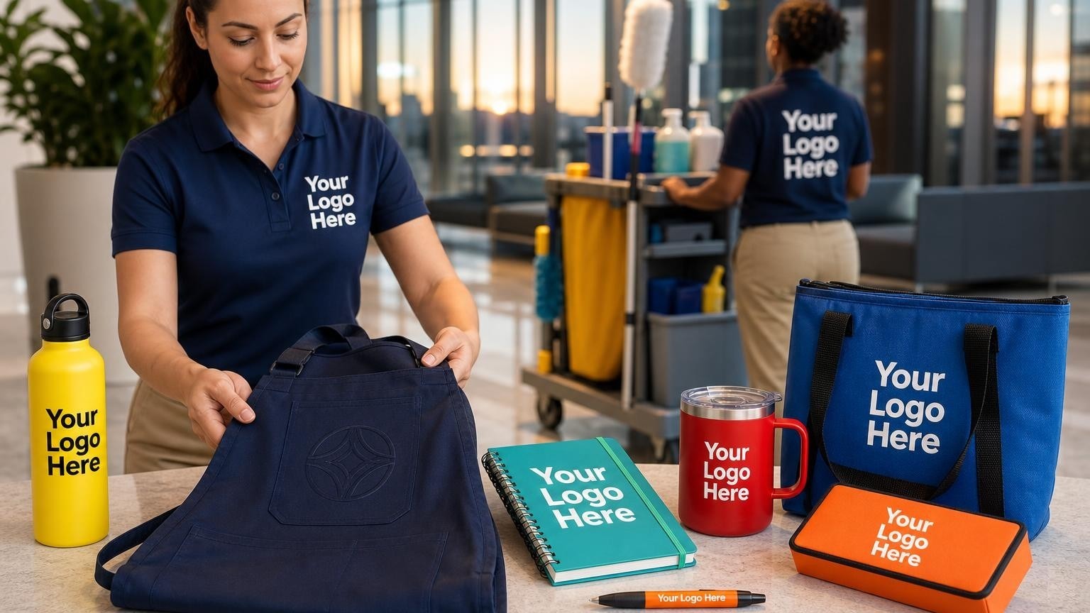 A durable custom-branded utility apron resting on a janitorial cart in a corporate office lobby, representing professional crew presentation.