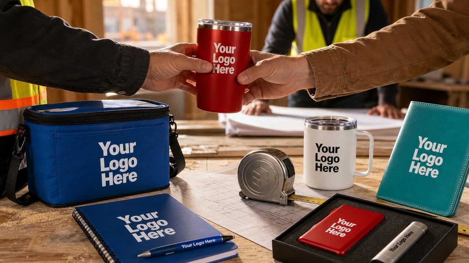 A heavy-duty custom-branded tape measure sitting on a blueprint table inside an active construction jobsite trailer.