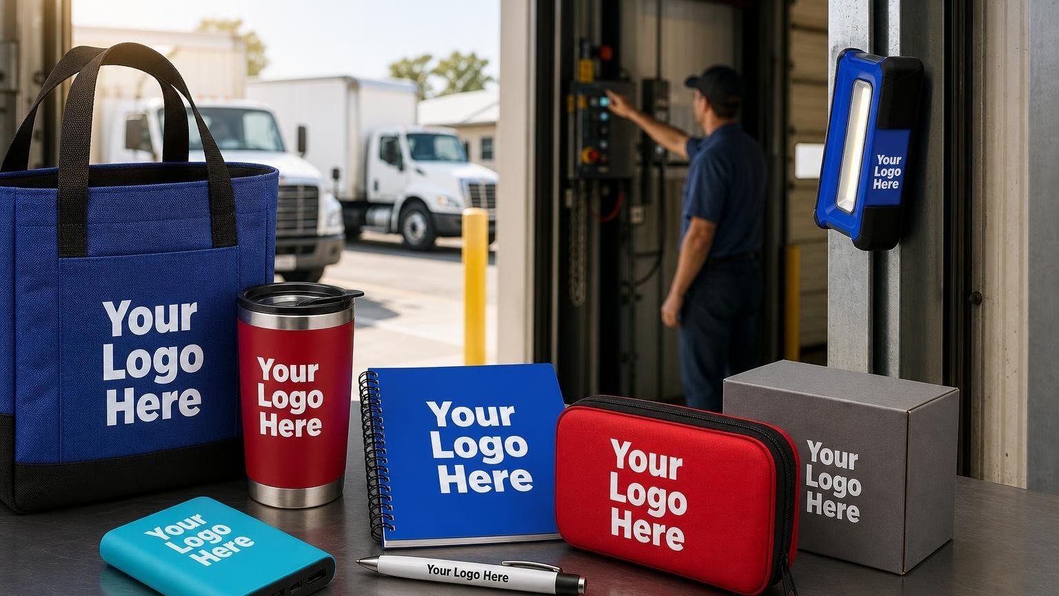 A custom magnetic work light attached to a commercial rolling door track in a warehouse loading dock.