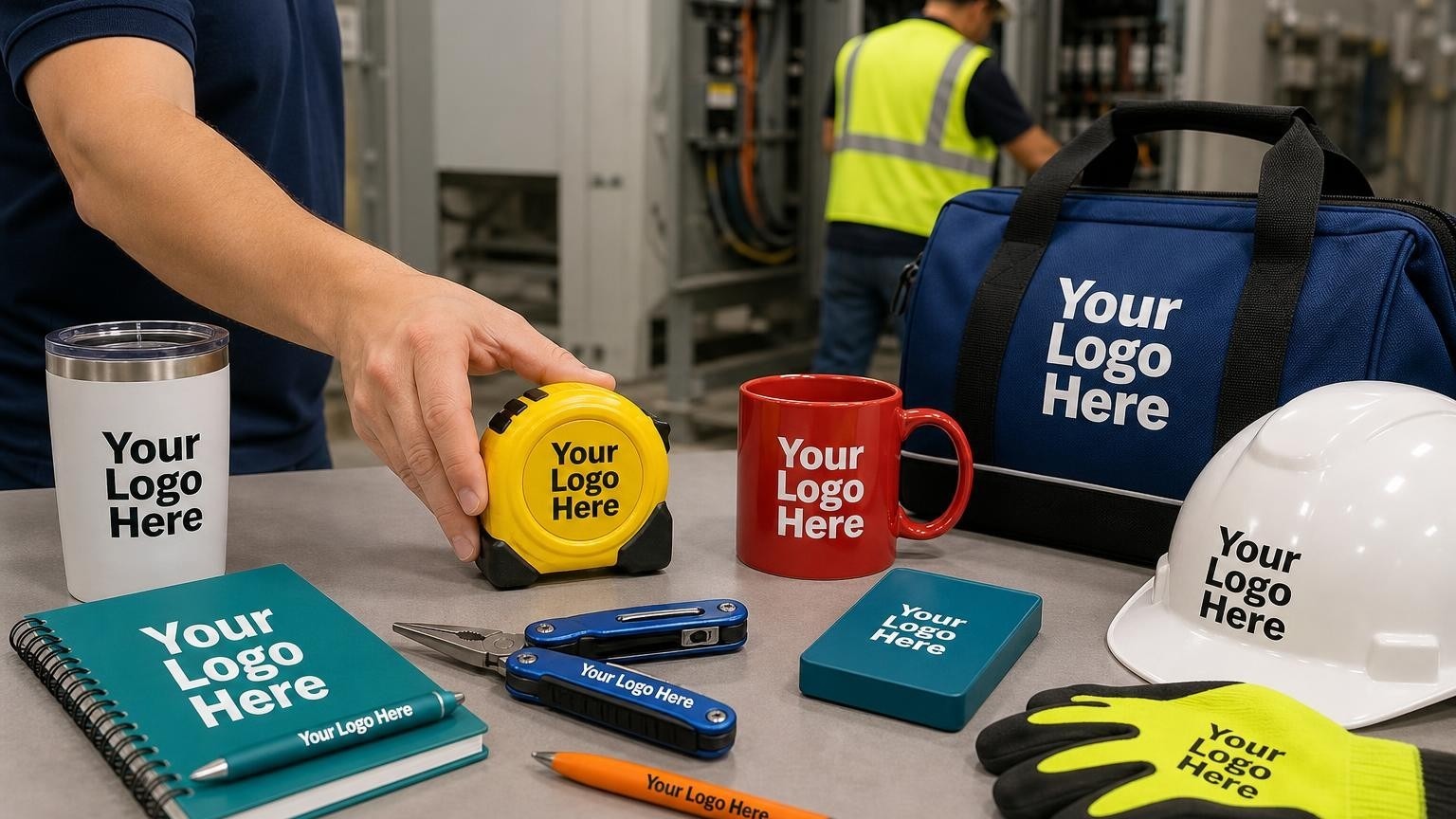 A custom branded tape measure sitting on top of an electrical switchgear cabinet in a commercial utility room.