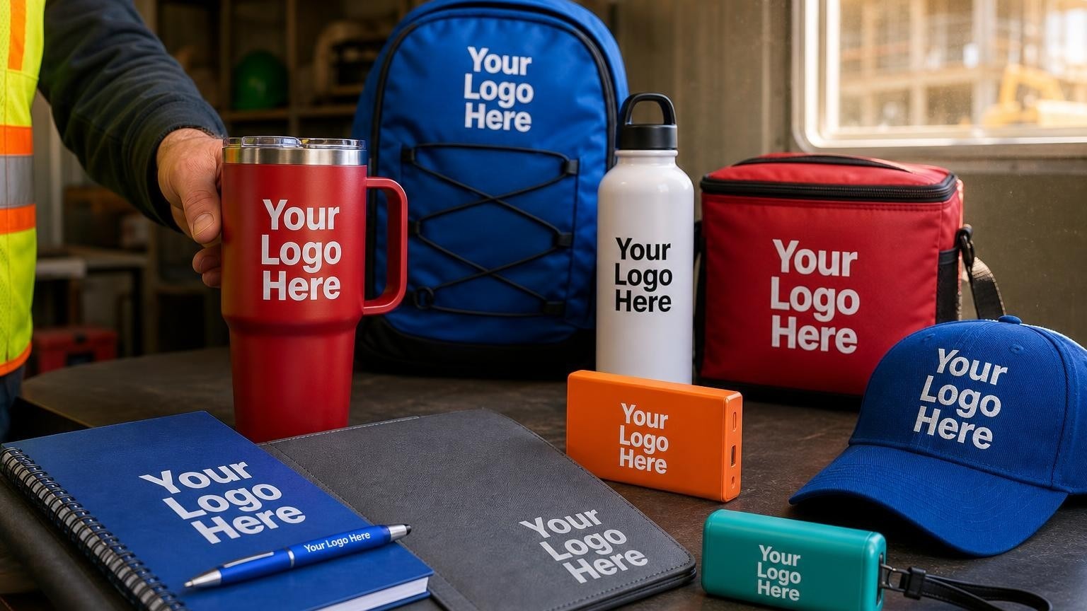A rugged insulated travel mug and hard hat next to blueprints in a commercial construction field trailer.