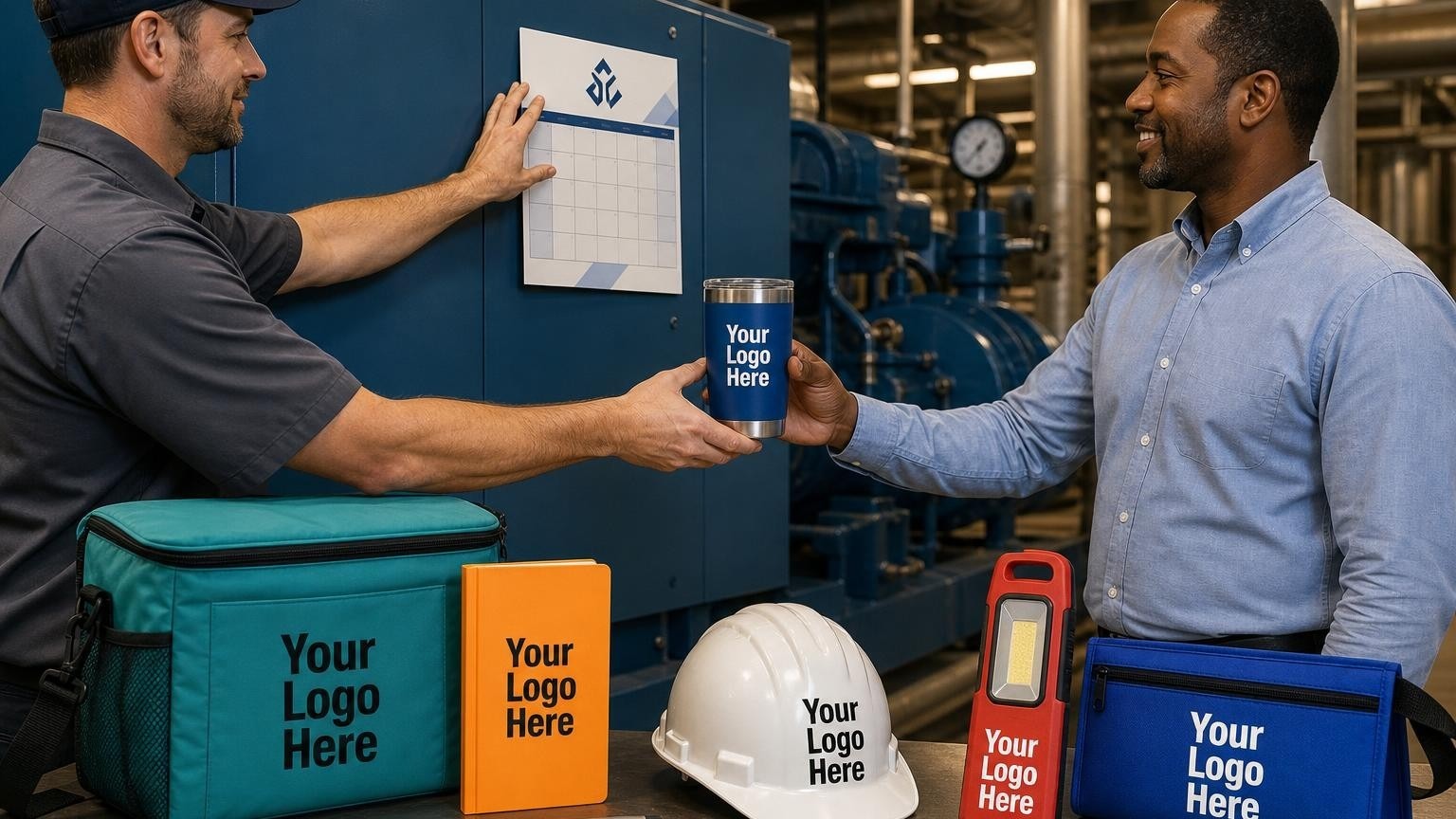 An HVAC technician placing a custom magnetic calendar on a commercial chiller unit in a mechanical room.