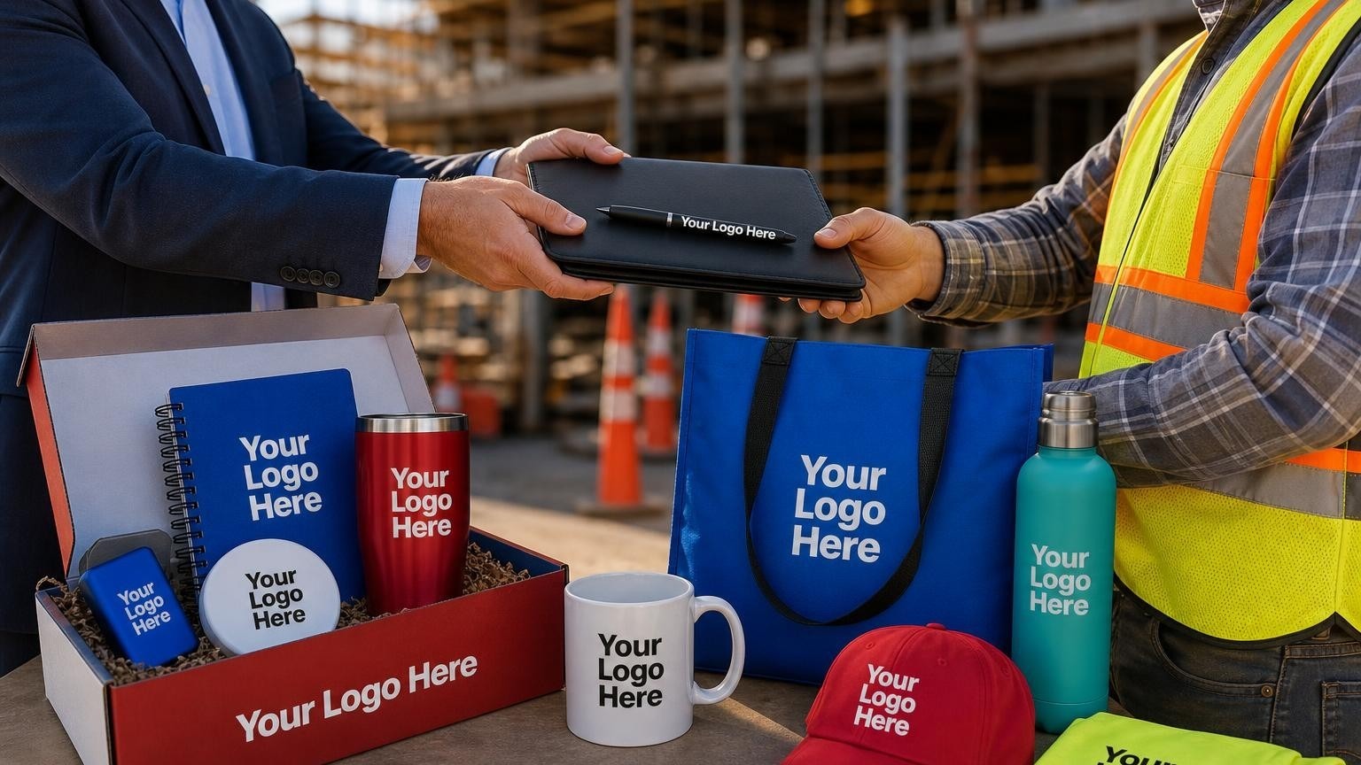 A high-quality custom metal pen and leather padfolio being handed to a contractor on a construction site, representing commercial insurance client retention.