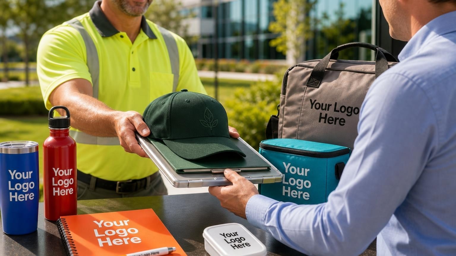 A custom-branded green baseball cap resting on a heavy-duty aluminum clipboard during a commercial landscaping client walkthrough on a corporate campus.
