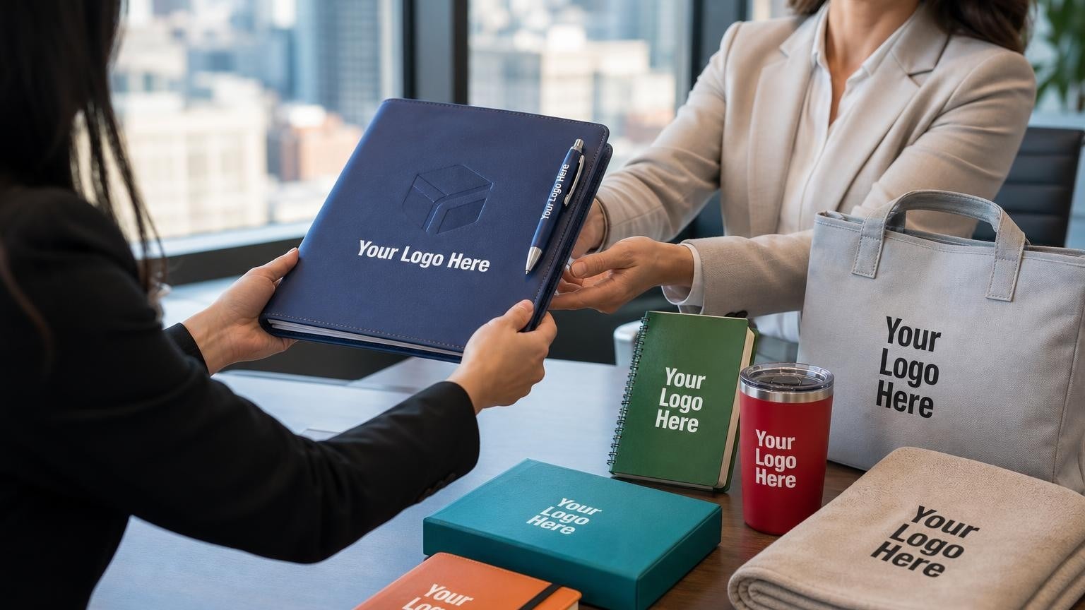 A commercial leasing director handing a high-quality leather portfolio and metal pen to a tenant representative in a modern office suite.