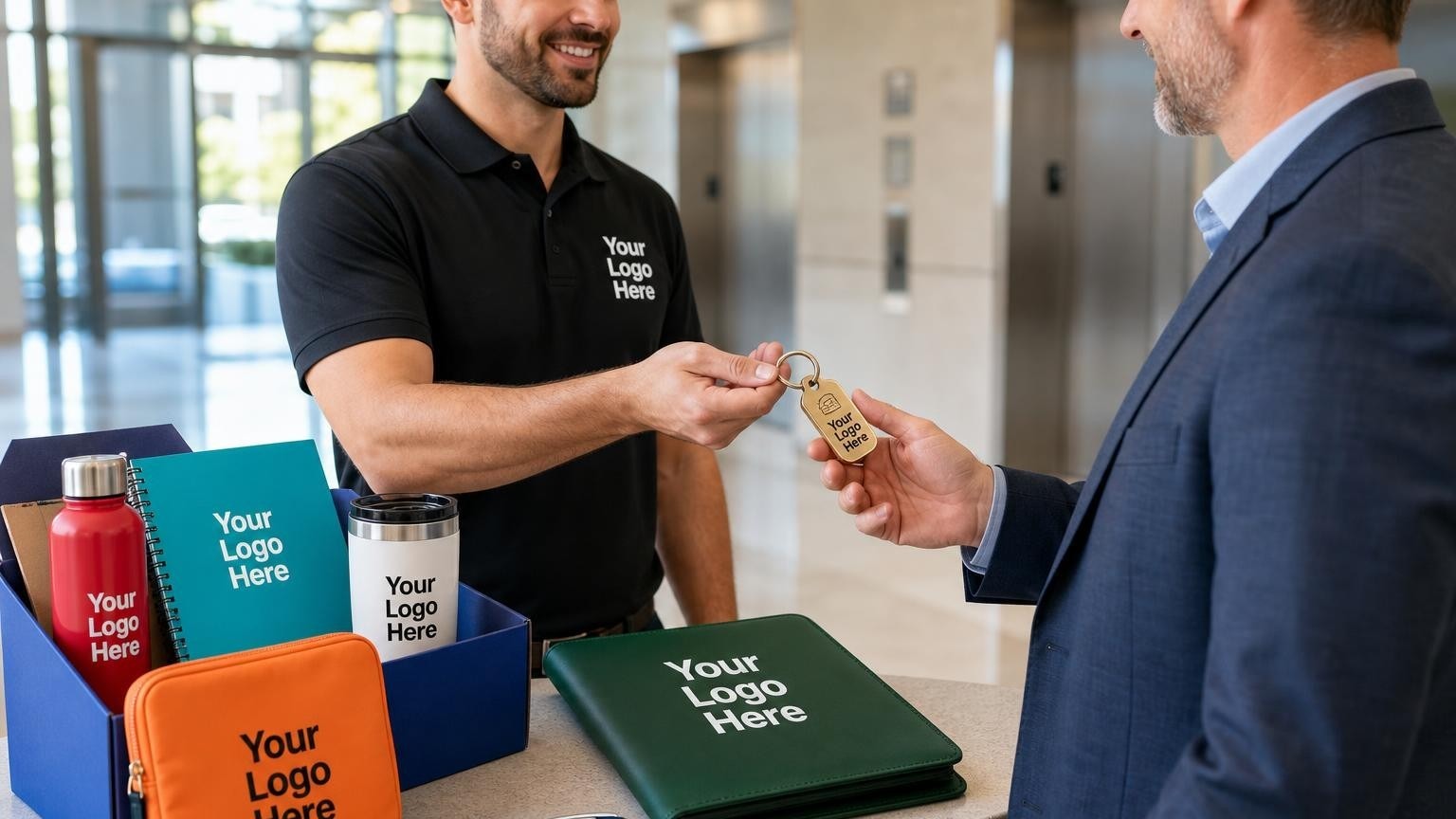 A commercial locksmith technician handing over a master key set with a custom-engraved brass tag to a facility manager in a corporate lobby.