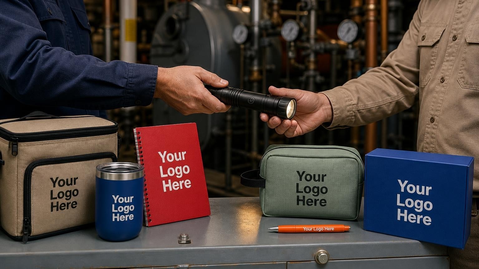 A heavy-duty custom-branded aluminum flashlight resting on an electrical panel in a commercial mechanical room.