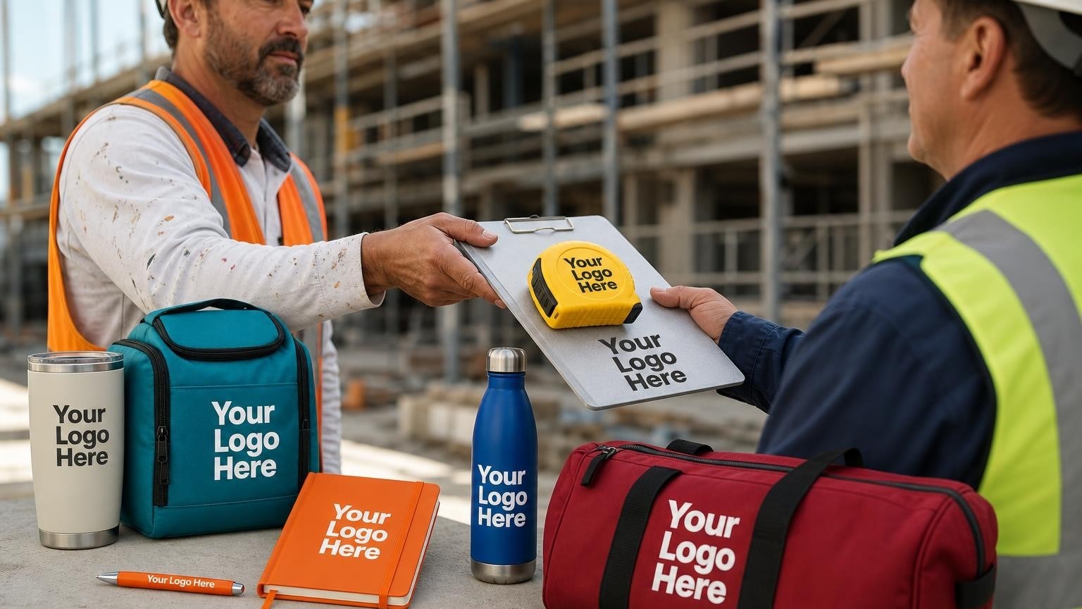A heavy-duty custom tape measure and aluminum clipboard being handed over on an active commercial painting job site.