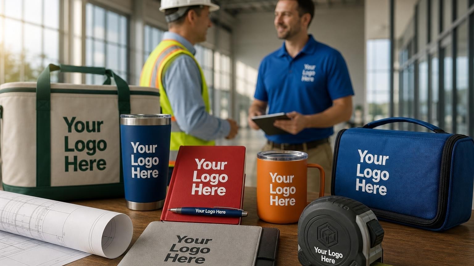 A heavy-duty custom tape measure resting on a desk next to blueprints in a commercial facility manager's office.