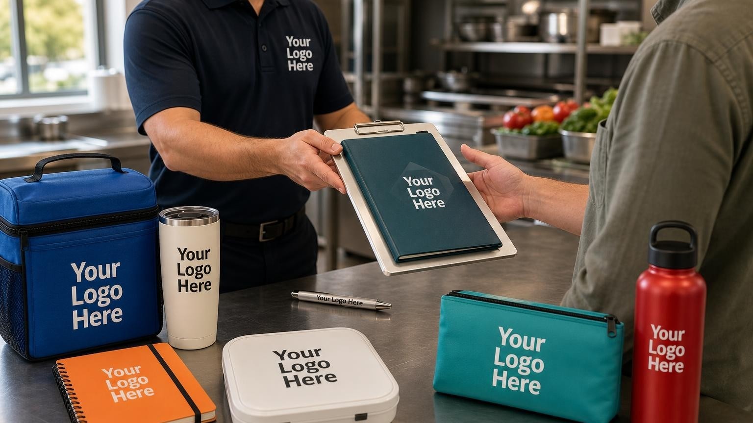 A commercial pest control technician hands a branded clipboard and pen to a facility manager in a commercial kitchen.