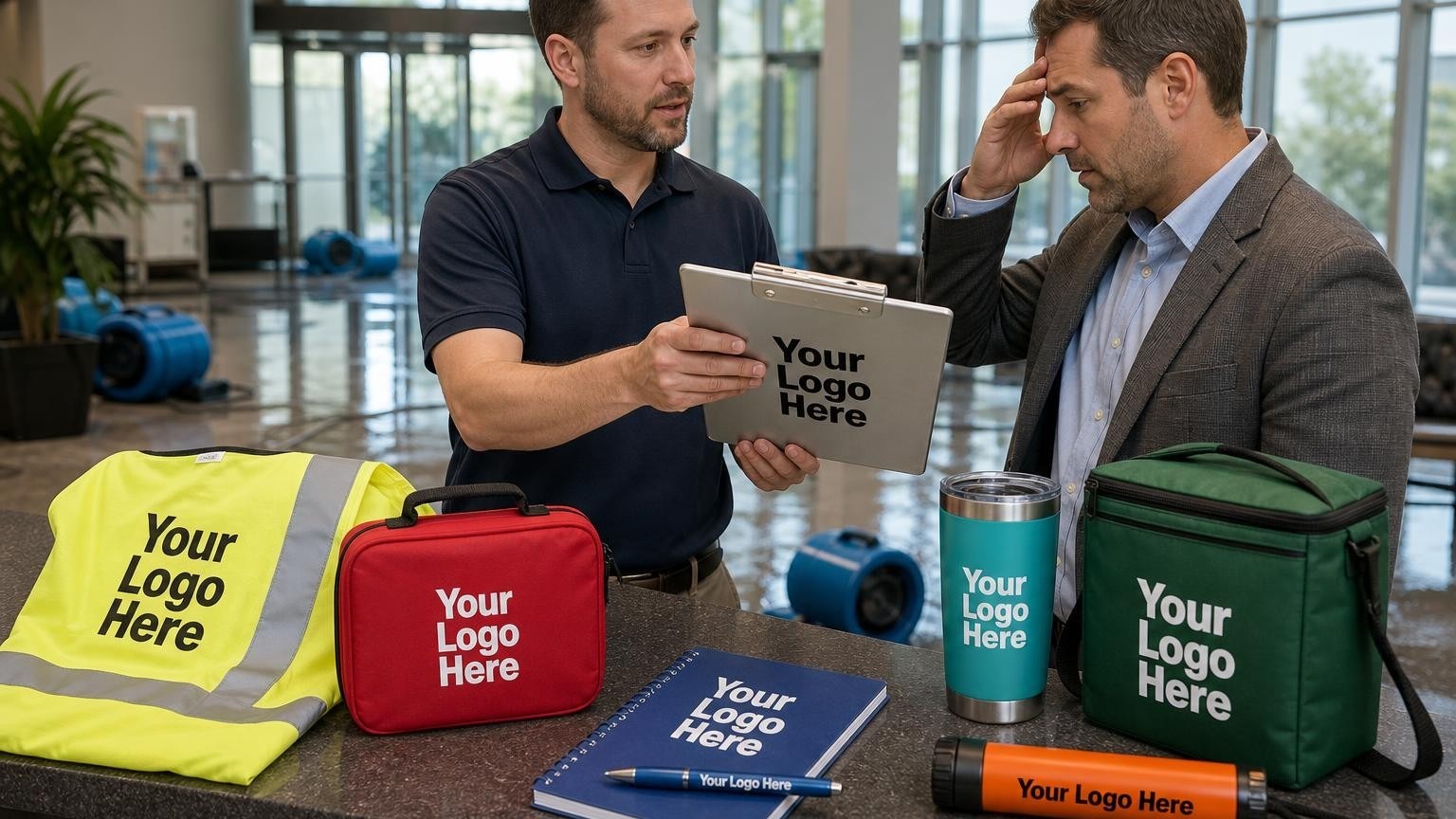A professional restoration estimator handing a clipboard to a property manager in a water-damaged lobby, with a branded safety vest and first aid kit in the foreground.