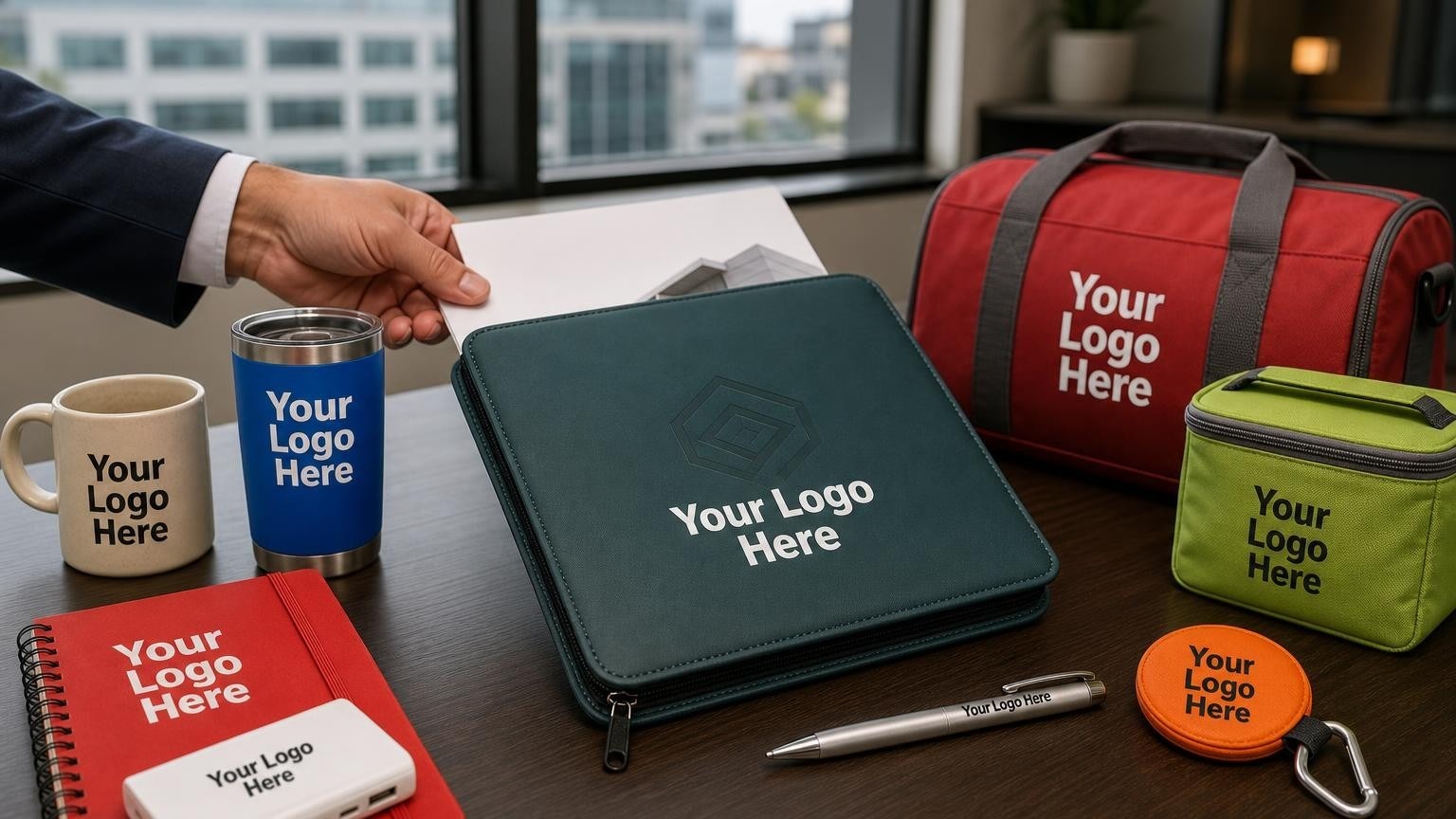 A professional zippered portfolio with a subtle custom imprint on a desk in a property manager's office.