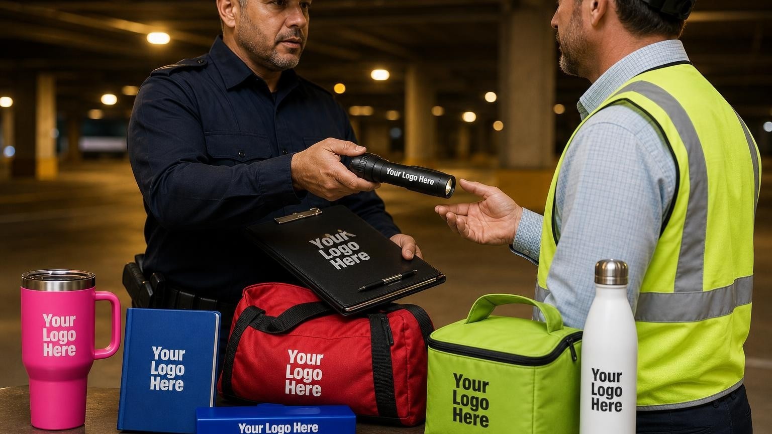 A custom-branded matte-black tactical flashlight being handed to a facility manager during a night-time security walkthrough.