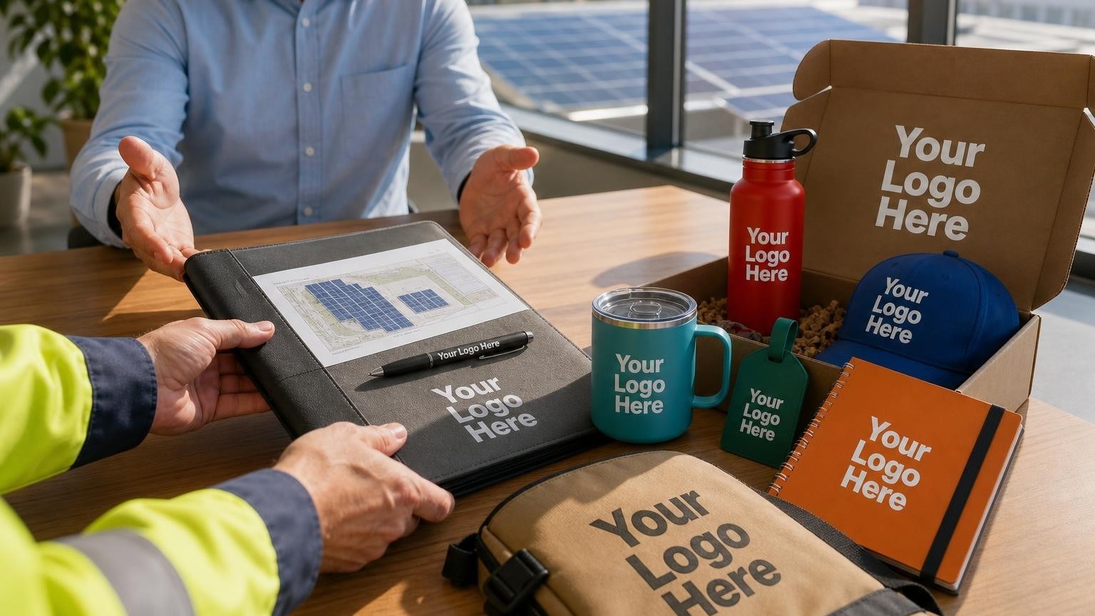 A custom zippered portfolio containing solar system layout documents being handed over to a facility manager in a bright office overlooking a rooftop solar array.