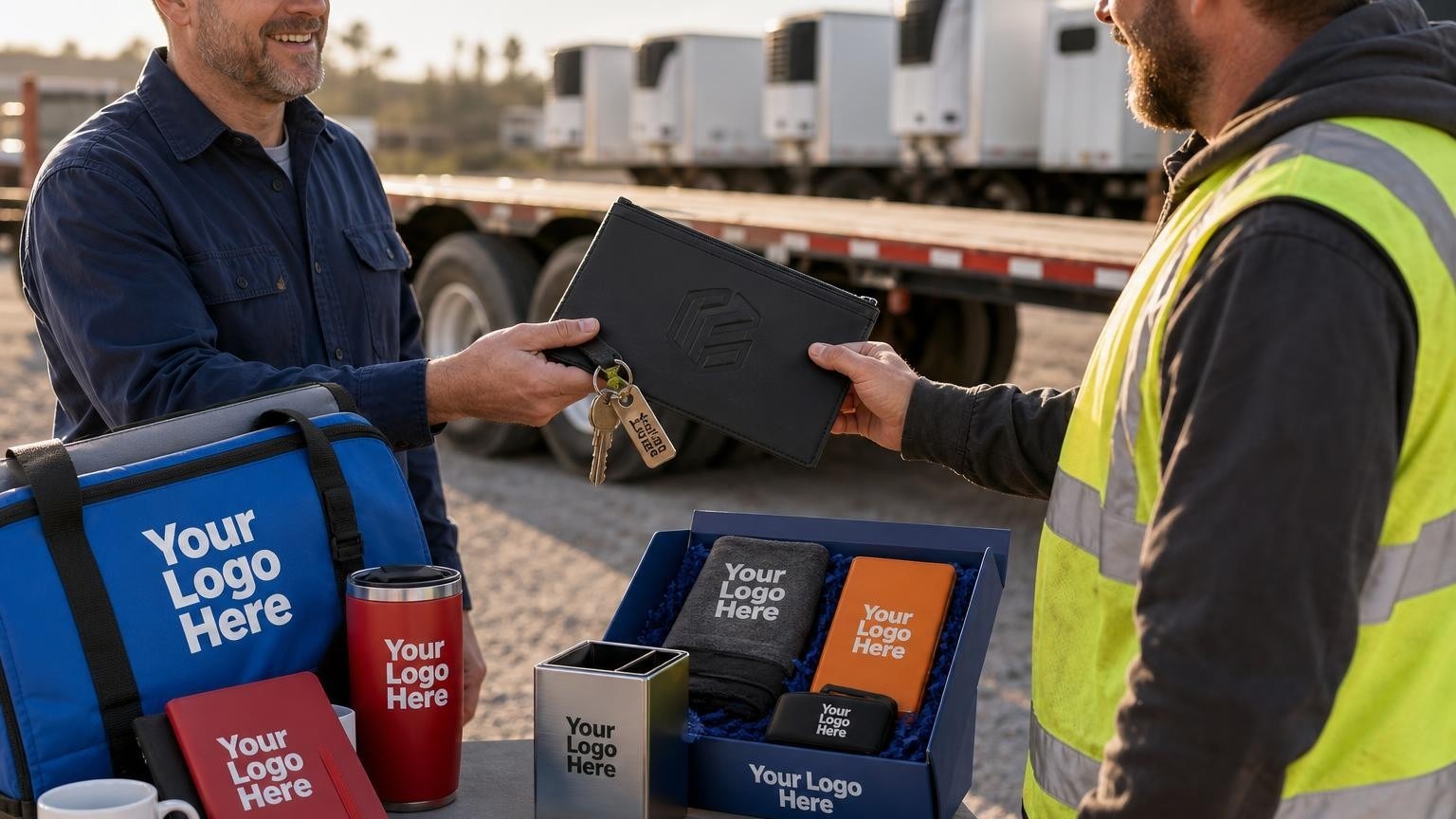 A commercial trailer dealership manager handing a branded document pouch to a truck driver next to a lowboy trailer on an active lot.