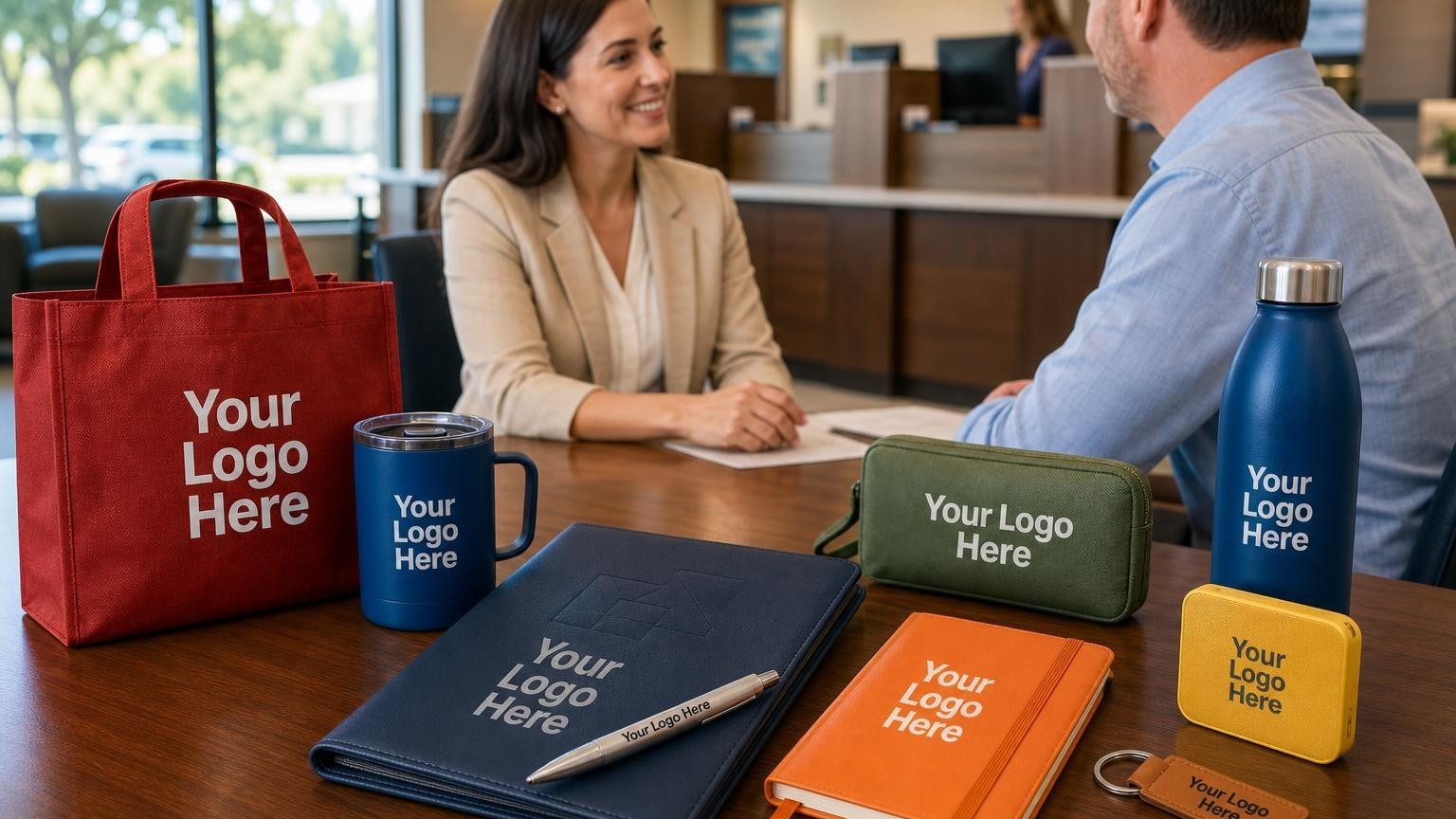 A professional navy leather-look padfolio and weighted silver metal pen resting on a polished wooden desk in a bright community bank branch lobby.
