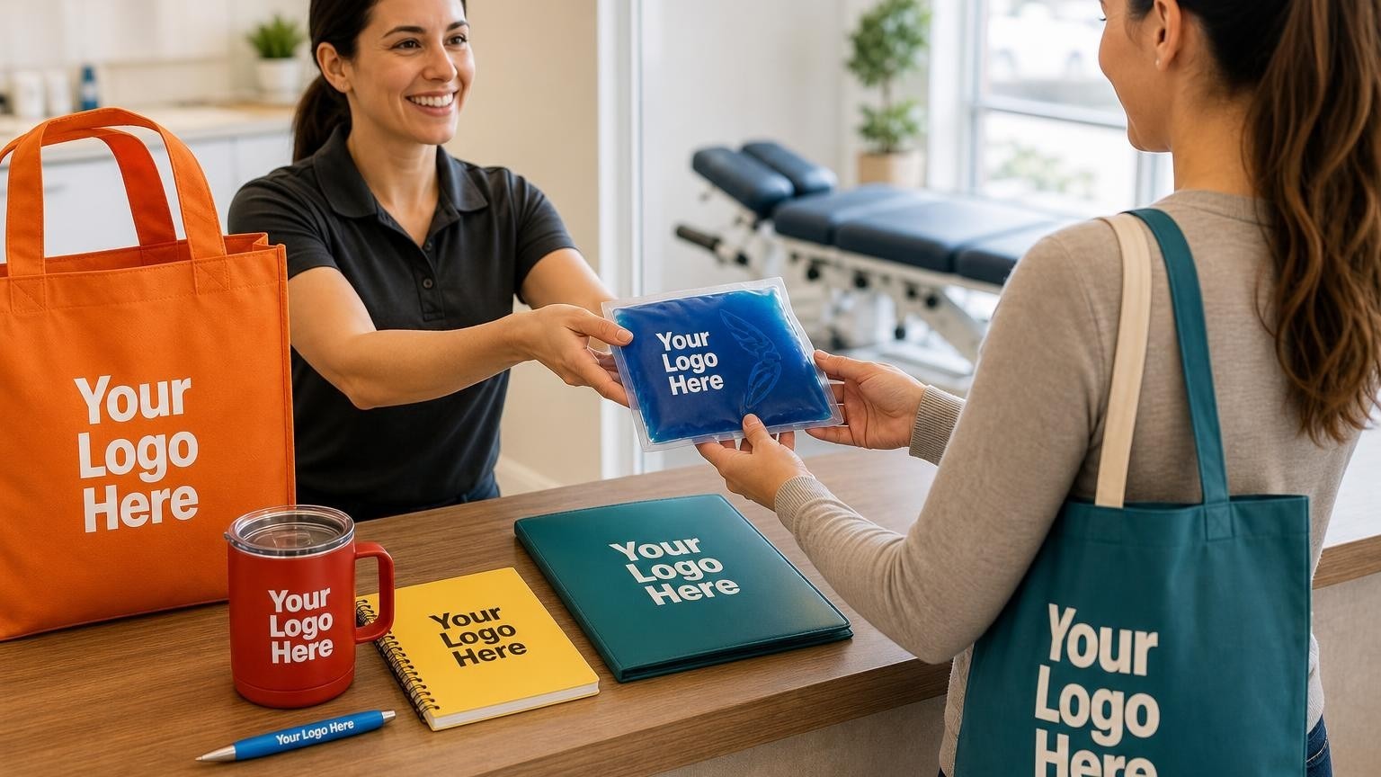 A custom blue gel ice pack with a subtle debossed spine icon resting on a wooden reception desk in a chiropractic clinic.
