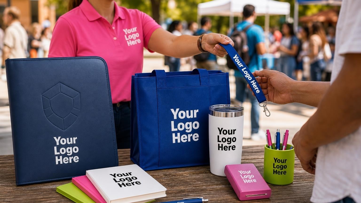 A custom navy blue portfolio and student lanyard on an outdoor registration table at a community college orientation event.