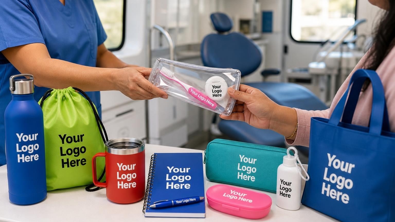 A custom soft-bristled toothbrush and dental floss inside a clear zippered pouch on a counter inside a mobile dental van.