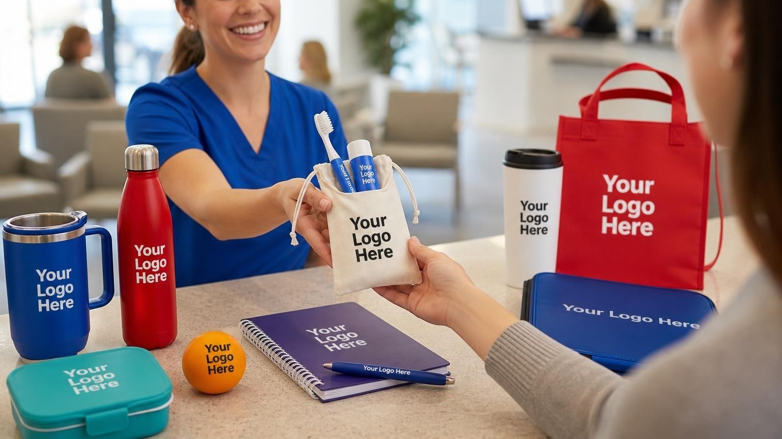 A custom dental welcome kit containing a travel toothbrush and lip balm being handed out at a dental office reception desk.