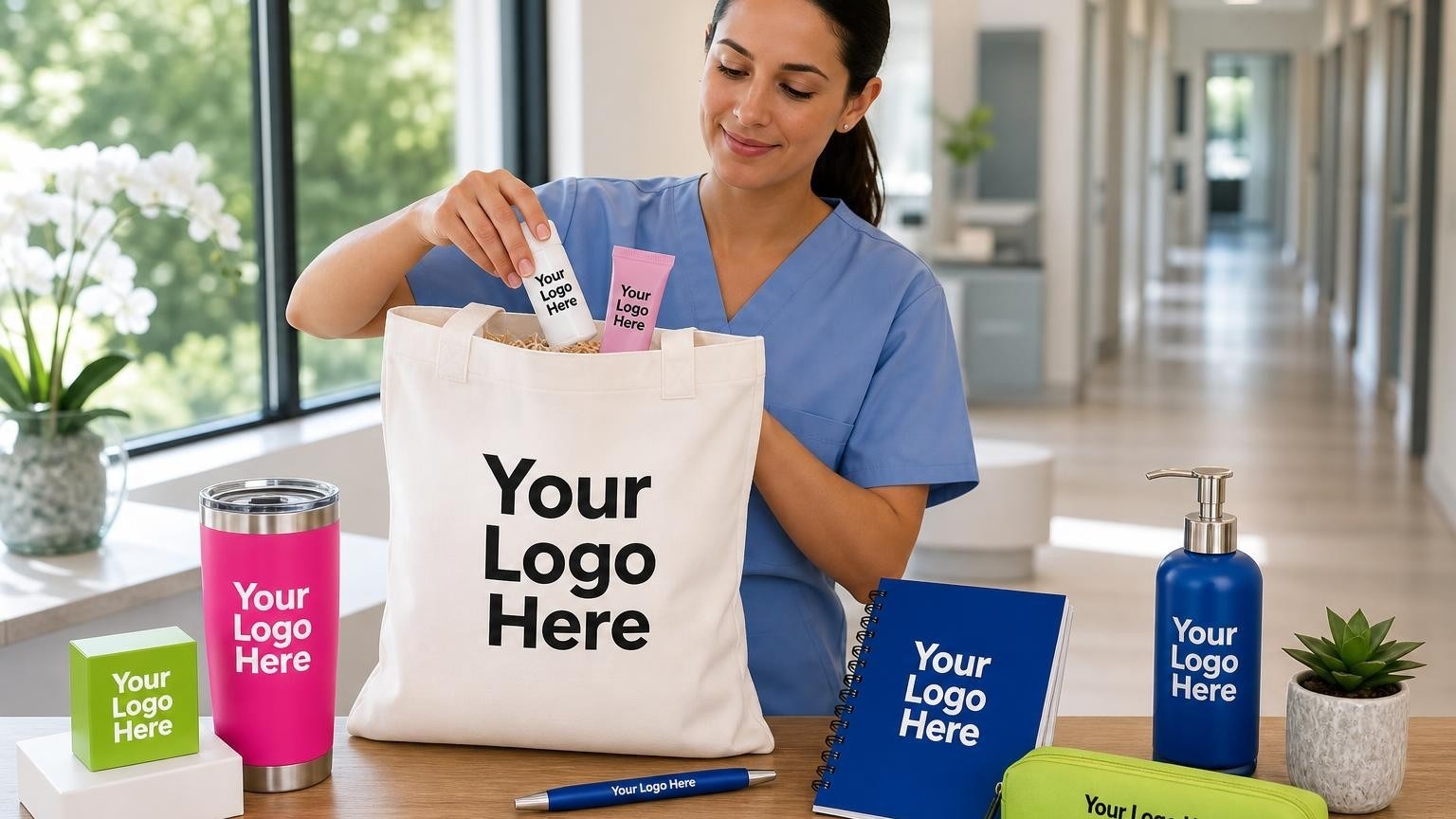 A clinical coordinator packing custom sun-safety kits into a tote bag at a dermatology clinic reception desk.