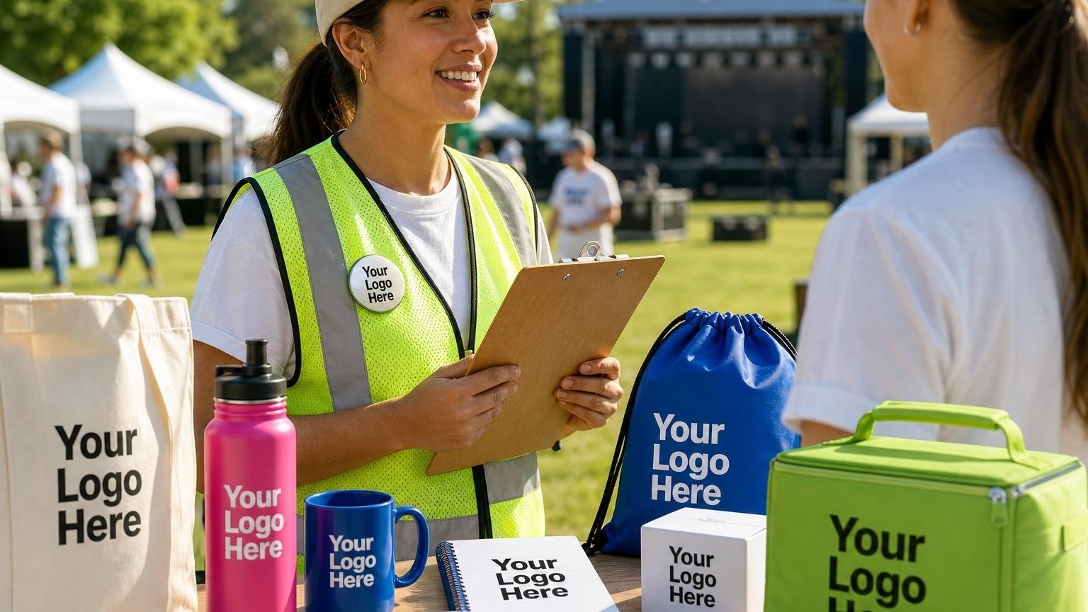 A custom printed metal button pinned to a volunteer's vest during a sunny morning community festival setup.