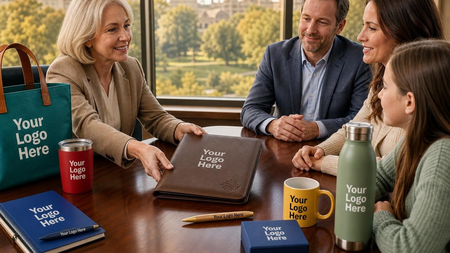 A custom debossed leather portfolio and heavy brass pen on a mahogany conference table in a sunlit community foundation boardroom.