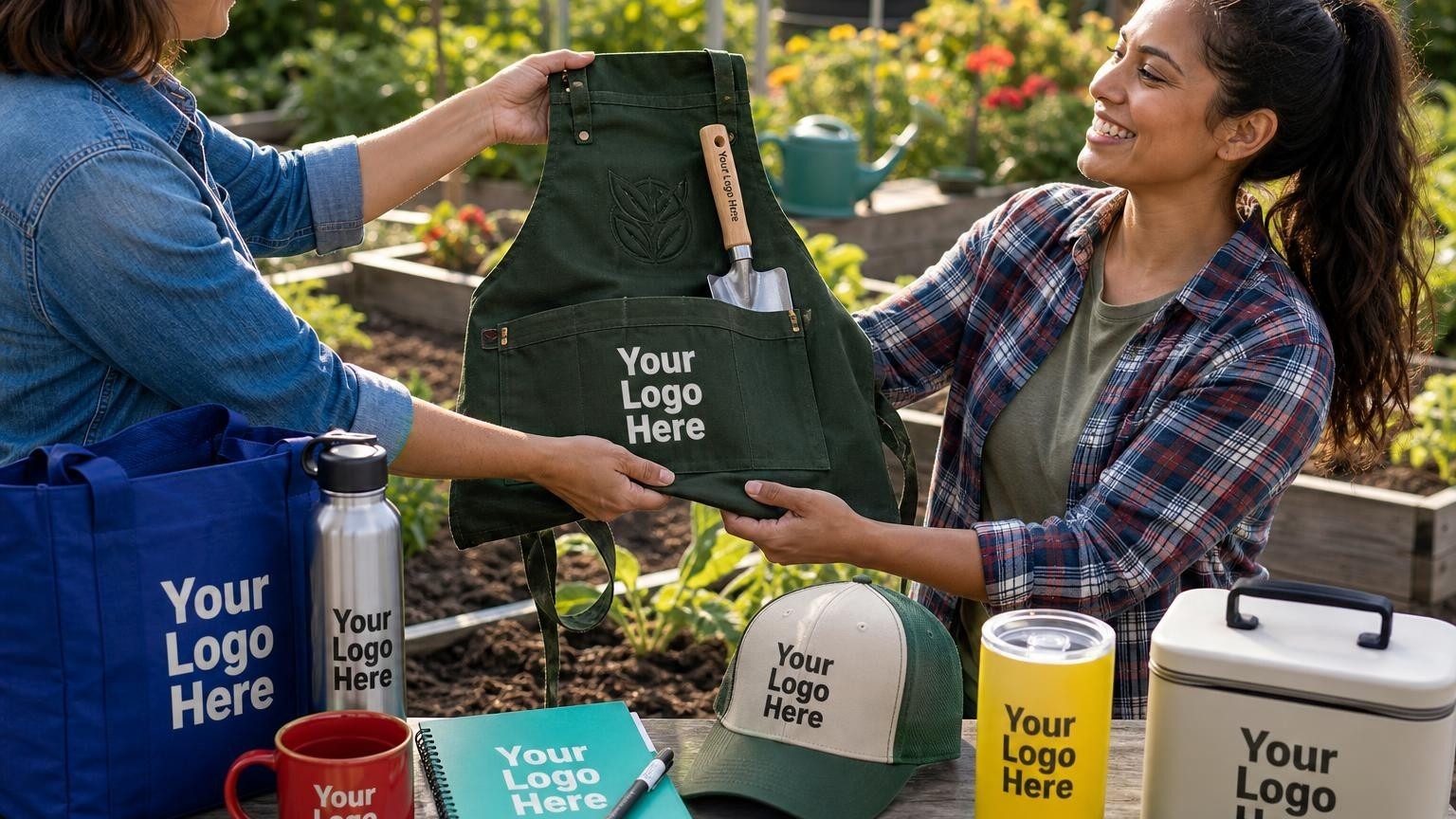 A volunteer coordinator handing a custom dark green canvas tool apron to a volunteer in a sunny community garden.