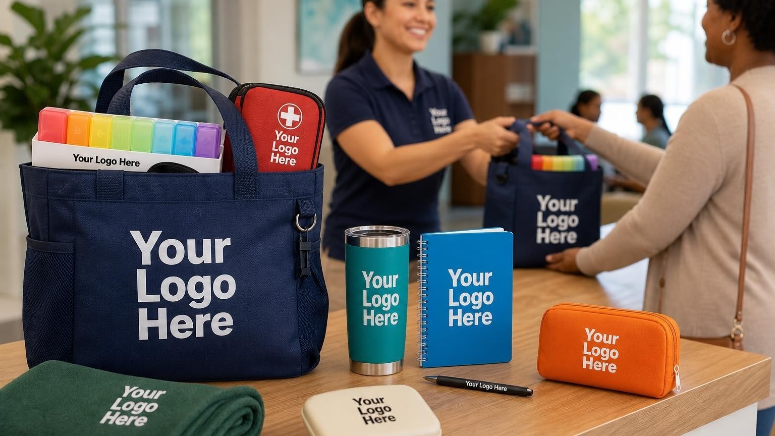 A custom navy blue patient welcome tote bag containing a color-coded weekly pill organizer and a compact first aid kit on a community clinic reception counter.
